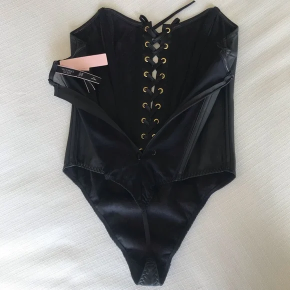 Victoria’s Secret Black Love Letters Faux Leather Teddy Bodysuit, NWT, Lace Up - Picture 11 of 16